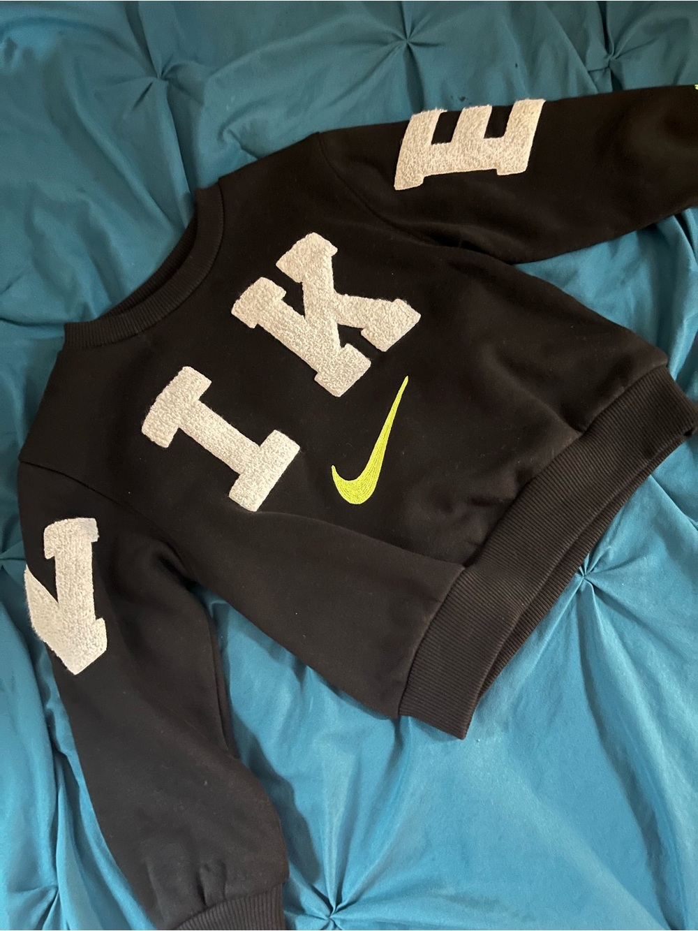 Nike Black Crewneck with White Chenille Letters and Neon Yellow Swoosh